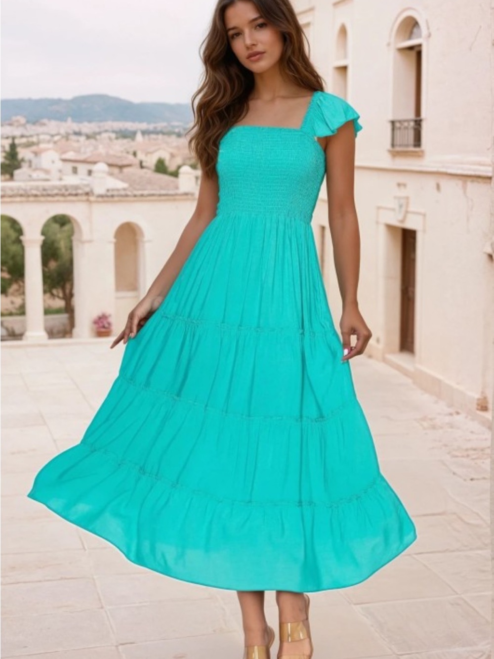 NWT Palm Springs Glow Smocked Teal Tiered Maxi Dress Boutique Sleeves